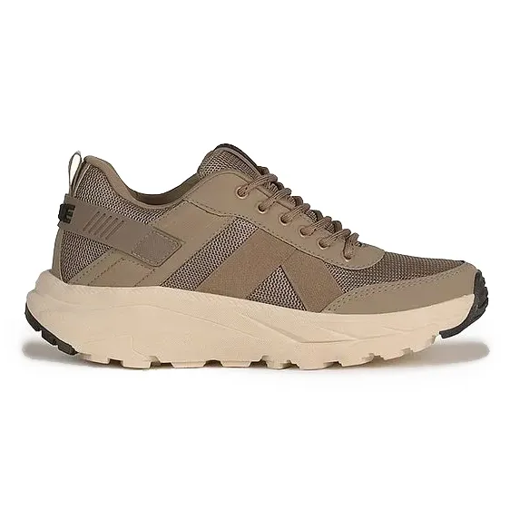 Tênis casual masculino Ollie Stones taupe com detalhes em preto e branco, sola grossa emborrachada e acabamento texturizado